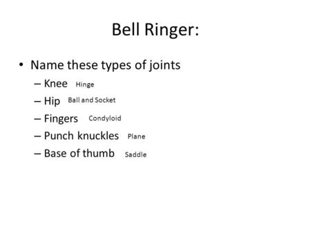 Bell Ringer: Name these types of joints – Knee – Hip – Fingers – Punch knuckles – Base of thumb Hinge Ball and Socket Condyloid Plane Saddle.