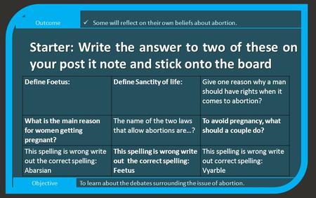 ObjectiveTo learn about the debates surrounding the issue of abortion. Outcome Some will reflect on their own beliefs about abortion. Starter: Write the.