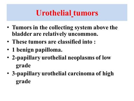 Urothelial tumors Tumors in the collecting system above the bladder are relatively uncommon. These tumors are classified into : 1 benign papilloma. 2-papillary.