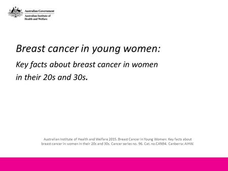 Breast cancer in young women: Key facts about breast cancer in women in their 20s and 30s. Australian Institute of Health and Welfare 2015. Breast Cancer.