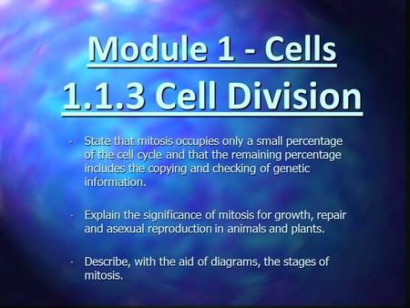 State that mitosis occupies only a small percentage of the cell cycle and that the remaining percentage includes the copying and checking of genetic information.