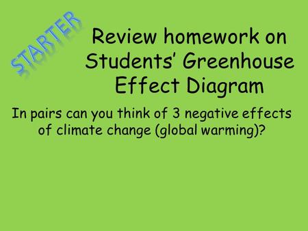 Review homework on Students’ Greenhouse Effect Diagram In pairs can you think of 3 negative effects of climate change (global warming)?