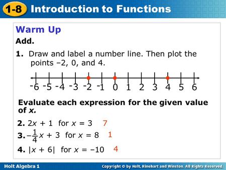 Holt Algebra 1 1-8 Introduction to Functions Warm Up Add. 1. Draw and label a number line. Then plot the points –2, 0, and 4. Evaluate each expression.