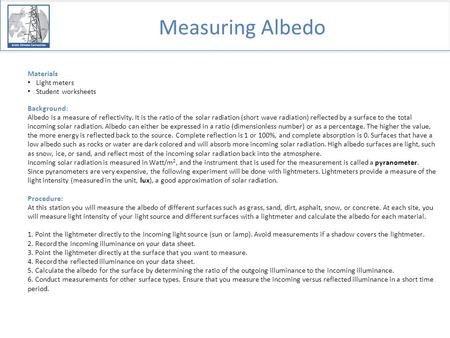 Measuring Albedo. Type of surface cover Outgoing illuminance Incoming illuminance Albedo.