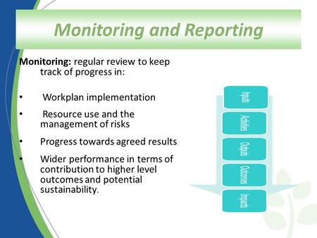 Monitoring and Reporting Monitoring: regular review to keep track of progress in: Workplan implementation Resource use and the management of risks Progress.