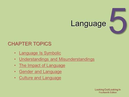 Looking Out/Looking In Fourteenth Edition 5 Language CHAPTER TOPICS Language Is Symbolic Understandings and Misunderstandings The Impact of Language Gender.