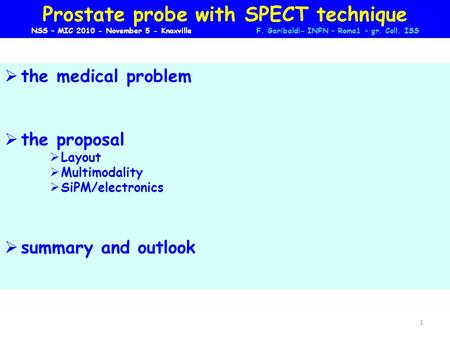 Prostate probe with SPECT technique NSS – MIC 2010 - November 5 - KnoxvilleF. Garibaldi- INFN – Roma1 – gr. Coll. ISS  the medical problem  the proposal.