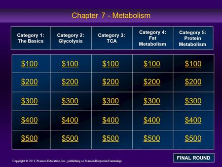 Copyright © 2011, Pearson Education, Inc., publishing as Pearson Benjamin Cummings. Chapter 7 - Metabolism $100 $200 $300 $400 $500 $100$100$100 $200 $300.