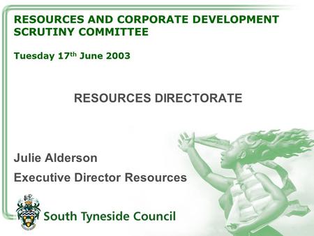 RESOURCES AND CORPORATE DEVELOPMENT SCRUTINY COMMITTEE Tuesday 17 th June 2003 RESOURCES DIRECTORATE Julie Alderson Executive Director Resources.