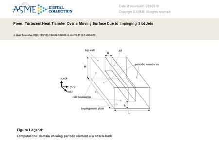 Date of download: 6/22/2016 Copyright © ASME. All rights reserved. From: Turbulent Heat Transfer Over a Moving Surface Due to Impinging Slot Jets J. Heat.