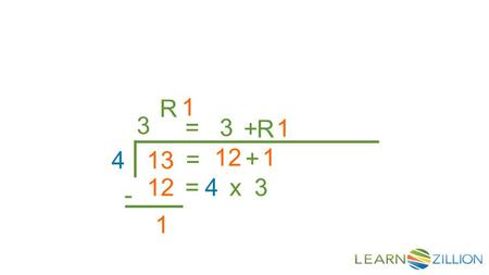 134 = 12 + 1 3 + 1 = 3 R R 1 4=x3 - 1. In this lesson, you will learn how to report remainders as fractions … by drawing a diagram of the division problem.