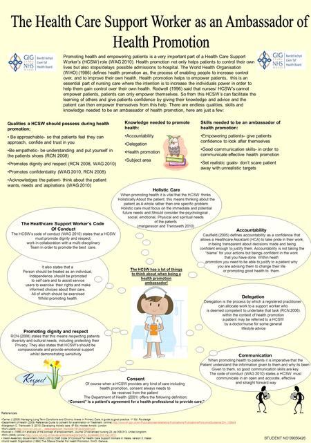 Promoting health and empowering patients is a very important part of a Health Care Support Worker’s (HCSW) role (WAG 2010). Health promotion not only helps.