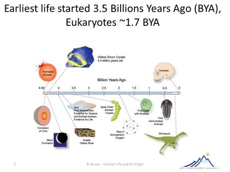 1 B. Bruce - Cellular Life and its Origin Earliest life started 3.5 Billions Years Ago (BYA), Eukaryotes ~1.7 BYA.