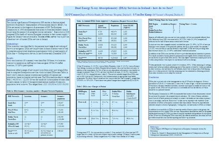 Dual Energy X-ray Absorptiometry (DXA) Services in Ireland – how do we fare? M O’Connor (Dept of Public Health, Dr Steevens’ Hospital, Dublin 8) S Van.