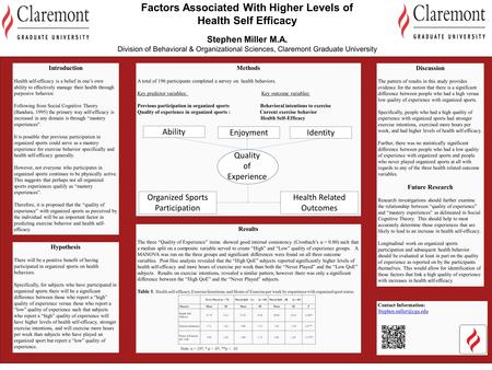 Stephen Miller M.A. Division of Behavioral & Organizational Sciences, Claremont Graduate University Factors Associated With Higher Levels of Health Self.