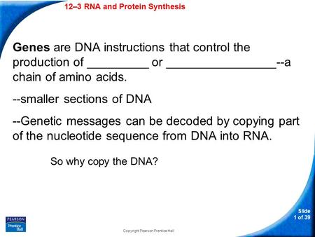 12–3 RNA and Protein Synthesis Slide 1 of 39 Copyright Pearson Prentice Hall 12–3 RNA and Protein Synthesis Genes are DNA instructions that control the.