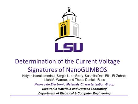 Determination of the Current Voltage Signatures of NanoGUMBOS Kalyan Kanakamedala, Sergio L. de Rooy, Susmita Das, Bilal El-Zahab, Isiah M. Warner, and.