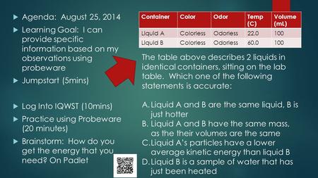  Agenda: August 25, 2014  Learning Goal: I can provide specific information based on my observations using probeware  Jumpstart (5mins)  Log Into IQWST.