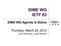 DIME WG IETF 83 DIME WG Agenda & Status Thursday, March 29, 2012 Jouni Korhonen, Lionel Morand.