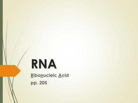 RNA Ribonucleic Acid pp. 205. RNA  A nucleic acid made up of nucleotides  Single strand of DNA.