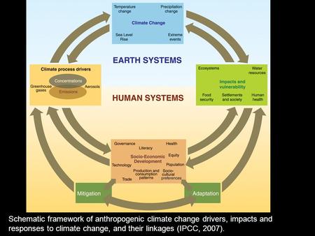 Schematic framework of anthropogenic climate change drivers, impacts and responses to climate change, and their linkages (IPCC, 2007).