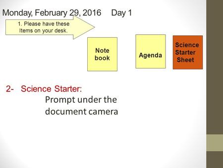 Monday, February 29, 2016 Day 1 Science Starter Sheet 1. Please have these Items on your desk. 2- Science Starter: Agenda Prompt under the document camera.