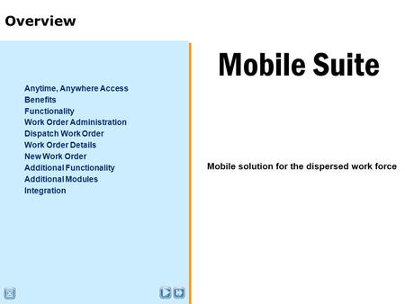 Anytime, Anywhere Access Benefits Functionality Work Order Administration Dispatch Work Order Work Order Details New Work Order Additional Functionality.