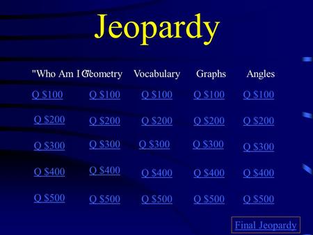 Jeopardy GeometryAnglesGraphs Q $100 Q $200 Q $300 Q $400 Q $500 Q $100 Q $200 Q $300 Q $400 Q $500 Final Jeopardy Who Am I ?Vocabulary.