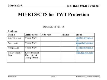 Submission doc.: IEEE 802.11-16/0353r1 March 2016 Hanseul Hong, Yonsei UniversitySlide 1 MU-RTS/CTS for TWT Protection Date: 2016-03-15 Authors: