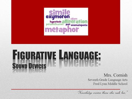 Mrs. Cornish Seventh Grade Language Arts Fred Lynn Middle School “ Knowledge crowns those who seek her.”