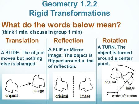 Geometry 1.2.2 Rigid Transformations What do the words below mean? (think 1 min, discuss in group 1 min) Translation Reflection Rotation A SLIDE. The object.