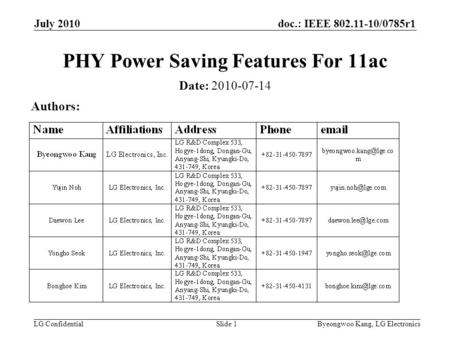 Doc.: IEEE 802.11-10/0785r1 LG Confidential July 2010 Byeongwoo Kang, LG ElectronicsSlide 1 PHY Power Saving Features For 11ac Date: 2010-07-14 Authors: