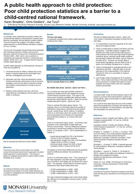 A public health approach to child protection: Poor child protection statistics are a barrier to a child-centred national framework. Karen Broadley 1, Chris.