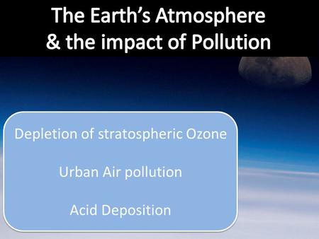 Depletion of stratospheric Ozone Urban Air pollution Acid Deposition Depletion of stratospheric Ozone Urban Air pollution Acid Deposition.