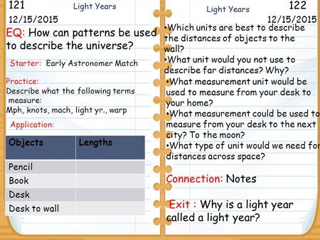 Which units are best to describe the distances of objects to the wall? What unit would you not use to describe far distances? Why? Practice: Describe what.