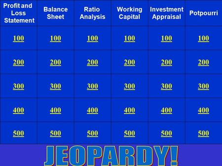 Profit and Loss Statement Balance Sheet Ratio Analysis Working Capital Investment Appraisal Potpourri 100 200 300 400 500 100 200 300 400 500 200 300.