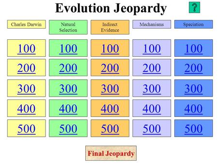 Evolution Jeopardy 100 200 300 400 500 100 200 300 400 500 100 200 300 400 500 100 200 300 400 500 100 200 300 400 500 Charles DarwinNatural Selection.