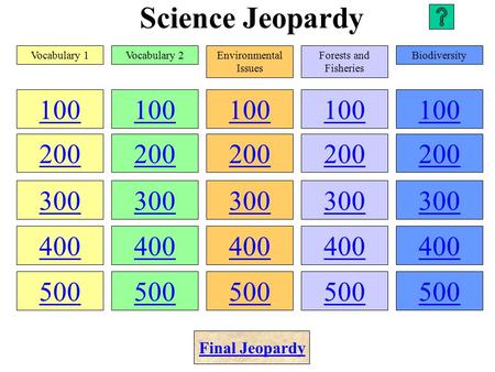 Science Jeopardy 100 200 300 400 500 100 200 300 400 500 100 200 300 400 500 100 200 300 400 500 100 200 300 400 500 Vocabulary 1Vocabulary 2Environmental.