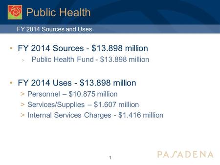 Public Health FY 2014 Sources - $13.898 million  Public Health Fund - $13.898 million FY 2014 Uses - $13.898 million  Personnel – $10.875 million  Services/Supplies.