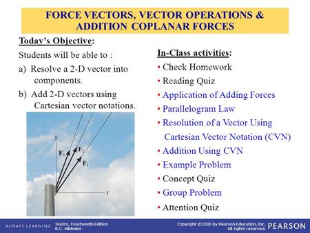 Statics, Fourteenth Edition R.C. Hibbeler Copyright ©2016 by Pearson Education, Inc. All rights reserved. In-Class activities: Check Homework Reading Quiz.