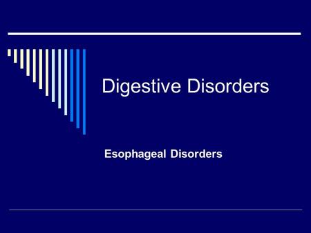 Digestive Disorders Esophageal Disorders.  Esophagus  The organ which moves food from the pharynx to the stomach  Moves food through the process of.