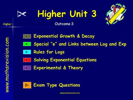 www.mathsrevision.com Higher Outcome 3 Higher Unit 3 www.mathsrevision.com Exponential Growth & Decay Special “e” and Links between Log and Exp Rules.