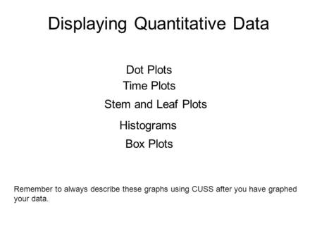 Displaying Quantitative Data Dot Plots Time Plots Stem and Leaf Plots Histograms Box Plots Remember to always describe these graphs using CUSS after you.