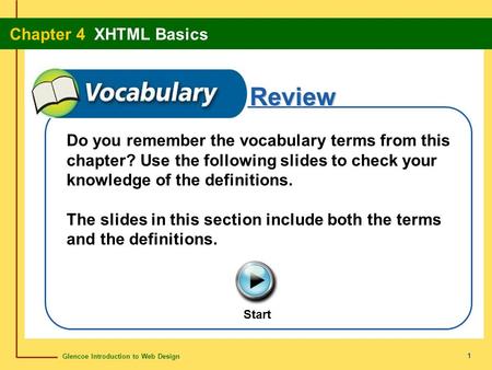 Glencoe Introduction to Web Design Chapter 4 XHTML Basics 1 Review Do you remember the vocabulary terms from this chapter? Use the following slides to.