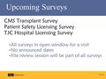 Upcoming Surveys CMS Transplant Survey Patient Safety Licensing Survey TJC Hospital Licensing Survey All surveys in open window for a visit No announced.