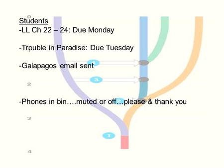 Students -LL Ch 22 – 24: Due Monday -Trouble in Paradise: Due Tuesday -Galapagos email sent -Phones in bin….muted or off…please & thank you.