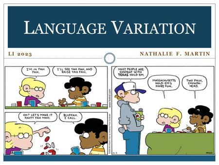 LI 2023 NATHALIE F. MARTIN L ANGUAGE V ARIATION. Outline of Today’s Class Today’s : Linguistic Community Linguistic Variation Geography Through time Social.