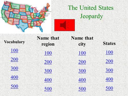 The United States Jeopardy Vocabulary 100 200 300 400 500 Name that region 100 200 300 400 500 Name that city 100 200 300 400 500 States 100 200 300 400.