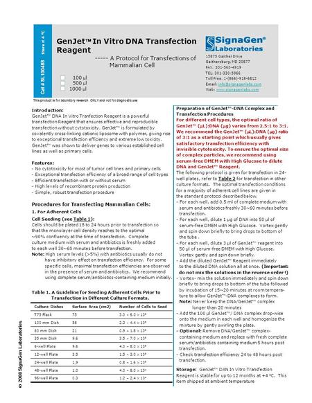 Cat # SL100488 Store at 4 0 C GenJet In Vitro DNA Transfection Reagent ----- A Protocol for Transfections of Mammalian Cell 100 l 500 l 1000 l 15875.