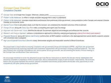 Concept Case Checklist Completion Checklist: Concept Case is no longer than 3 pages. Otherwise, please justify: ___________________. Problem to Be Addressed.